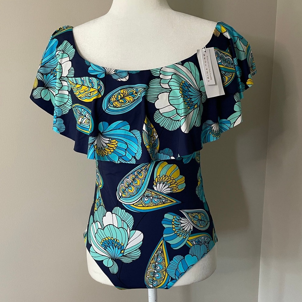 New Trina Turk Pirouette One Piece Off The Shoulder Ruffle Swimsuit Sz 12